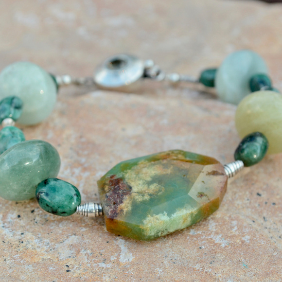 Aquamarine Chrysoprase Emerald Sterling Bracelet - Picture 4 of 8